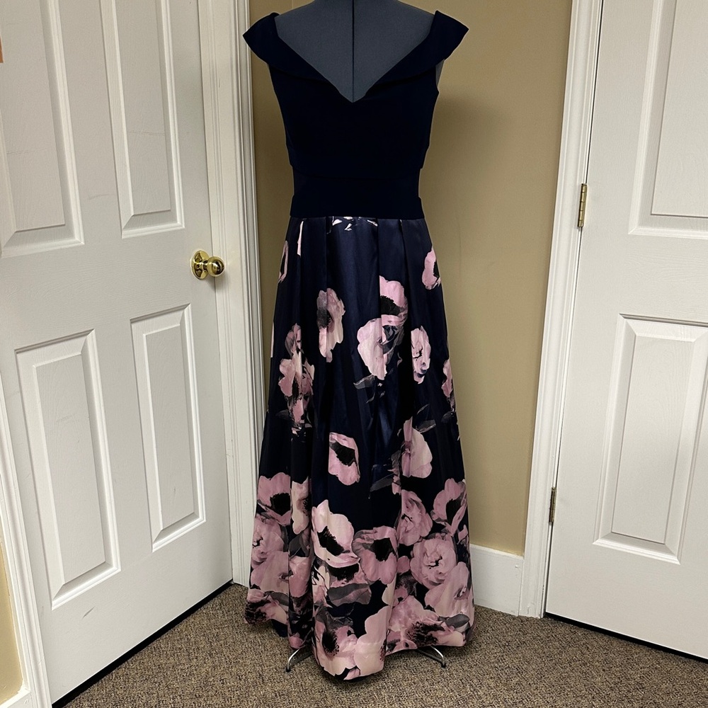 Xscape Navy and Pink Floral Maxi Dress